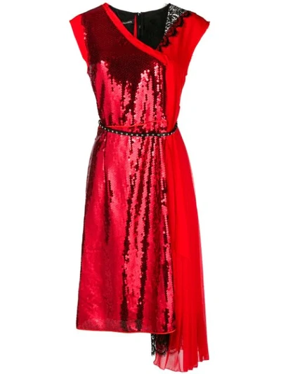 Marc Jacobs Sleeveless Mixed-media Sequined Cocktail Dress W/ Leather Belt In Red