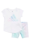 Adidas Originals Babies' T-shirt & 3-stripes Bike Shorts Set In White W/ Blue