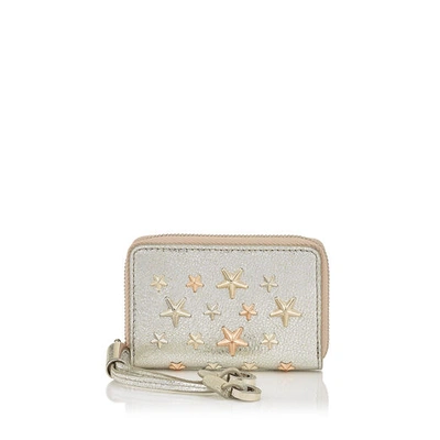 Jimmy Choo Nellie Champagne Glitter Leather With Multi Metal Rose Gold Stars Coin Purse In Champagne/rose Gold Metallic Mix
