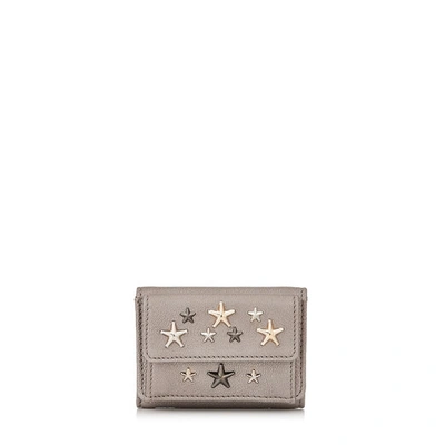 Jimmy Choo Nemo Light Khaki Pearlized Grainy Leather Small Wallet With Multimetal Stars In Light Khaki/metallic Mix