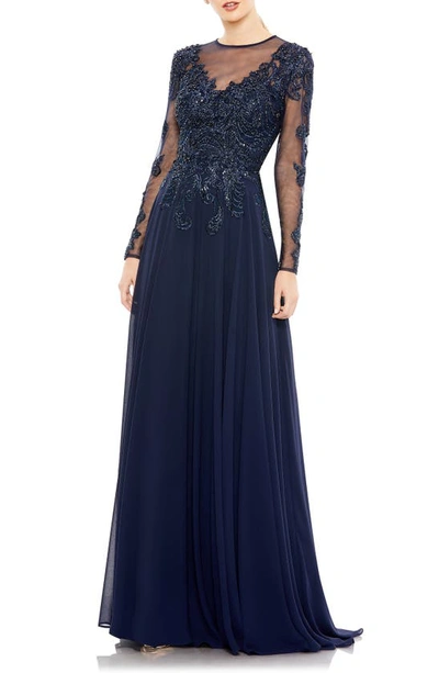 Mac Duggal Beaded Illusion Lace Long Sleeve A-line Gown In Midnight