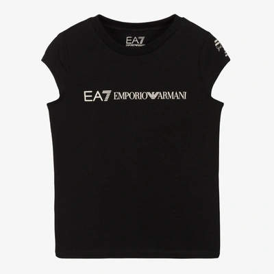 Ea7 Kids'  Emporio Armani Girls Black Cotton Cap Sleeve T-shirt