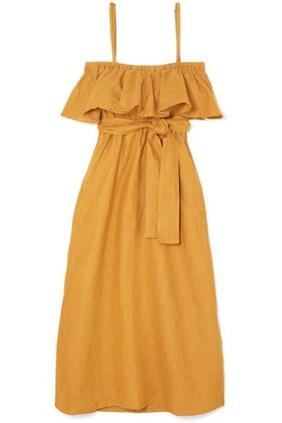 Faithfull The Brand Santo Ruffled Linen Midi Dress In Mustard