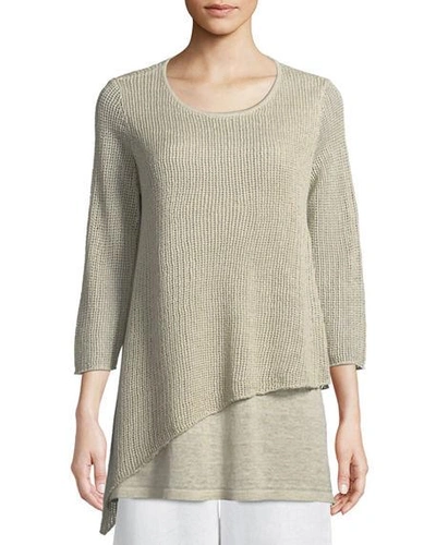 Eileen Fisher Organic Linen 3/4-sleeve Round-neck Knit Tunic, Petite In Undyed Natural