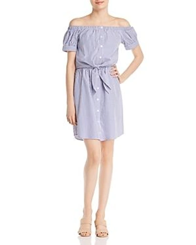 Alison Andrews Off-the-shoulder Pinstripe Shirt Dress In White/blue