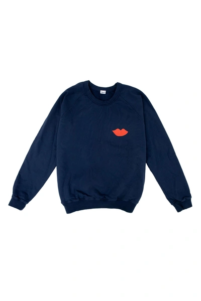 Clare V Lips Sweatshirt In Navy W/ Bright Poppy Lips In Multi
