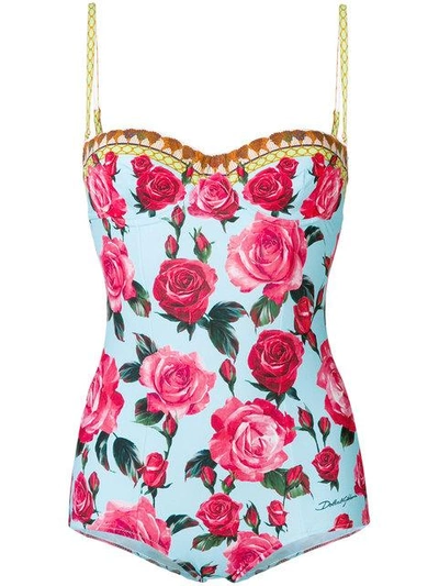 Dolce & Gabbana Floral-printed Swimsuit In Blue