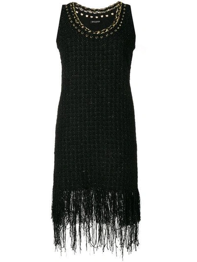 Balmain Fringe-trimmed Tweed Dress In Black