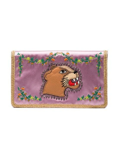 Gucci Multicoloured Broadway Lion Silk Clutch In Pink