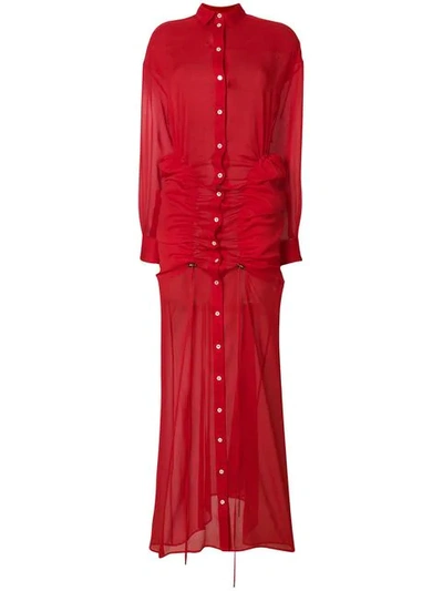 Y/project Gathered Chiffon Maxi Shirt Dress In Red