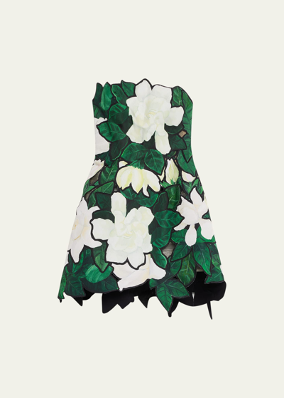 Oscar De La Renta Hand-painted Gardenia-faille Mini Dress In White Black