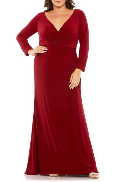 Fabulouss By Mac Duggal Wrap Front Long Sleeve Jersey Gown In Burgundy