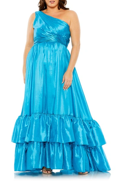 Fabulouss By Mac Duggal Metallic One-shoulder Gown In Turquoise