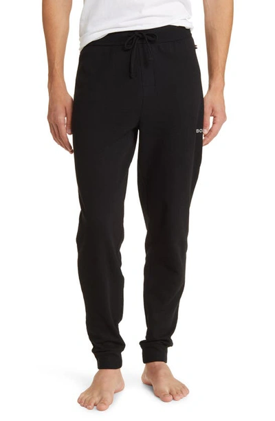 Hugo Boss Waffle Cotton-blend Pajama Bottoms With Logo Embroidery In Black