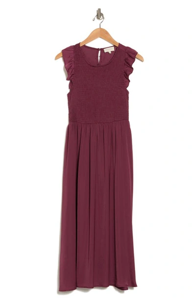 Melloday Sleeveless Floral Print Smocked Top Knit Midi Dress In Burgundy
