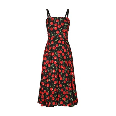 Dolce & Gabbana Long Dress In Cherry Print Charmuse In Black Prt
