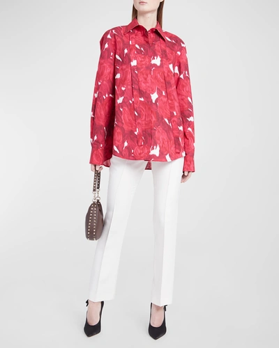 Valentino Rose Print Poplin Button-front Shirt With Tie Neck In White Red