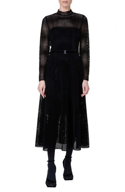 Akris Punto Stand-collar Lasercut Velvet Grid Midi Dress In Black