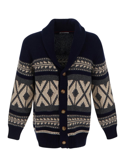 Brunello Cucinelli Shawl Collar Knit Cardigan In Blue