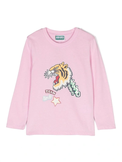 Kenzo Kids' Tiger-print Cotton T-shirt In Pink