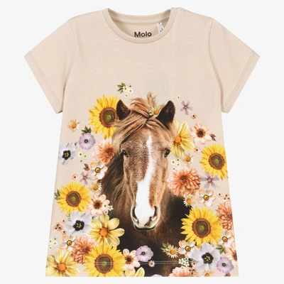 Molo Babies' Girls Beige Organic Cotton Horse T-shirt In Pink