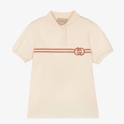 Gucci Kids' Girls Ivory Cotton Floral Logo Polo Shirt