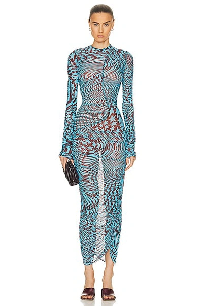 Mugler Printed Mesh Midi Dress In Turquoise