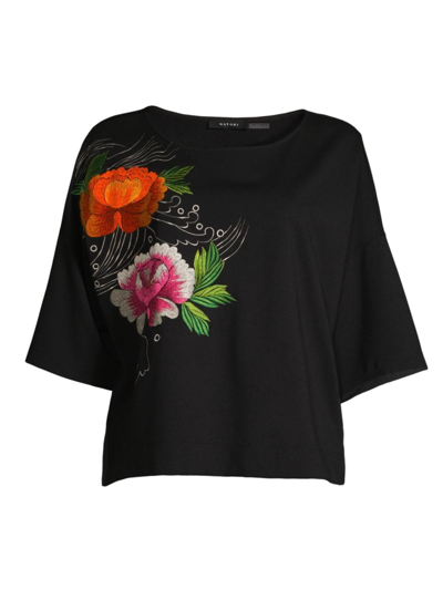 Natori Floral-embroidered Boat-neck Ponte Top In Black