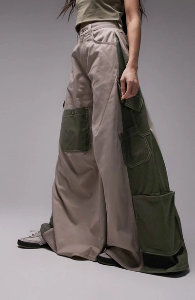 Topshop Baggy Patchwork Cargo Pants In Khaki-green