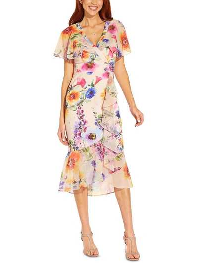 Adrianna Papell Womens Floral Print Faux Wrap Midi Dress In Multi