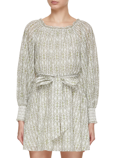Alice And Olivia Mary Print Off The Shoulder Long Sleeve Cotton Dress In Green