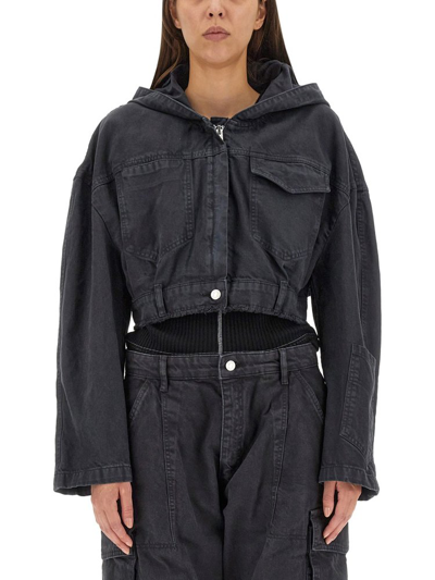 Moschino Cropped Denim Hooded Jacket In Black