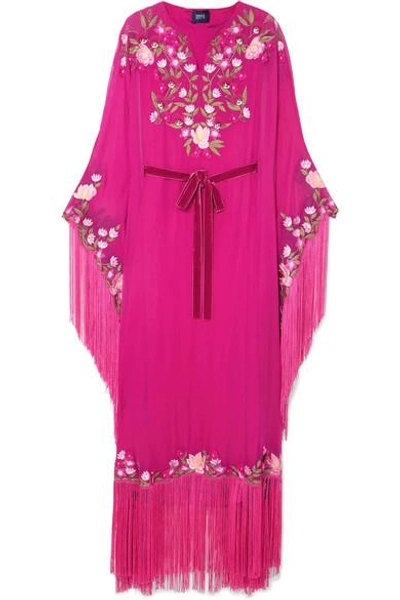 Marchesa Notte Fringed Embroidered Crepe Gown In Fuchsia