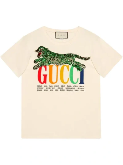 Gucci Cities Crewneck Short-sleeve Cotton T-shirt With Sequined Panther Detail In Sunkissed/ Multicolor