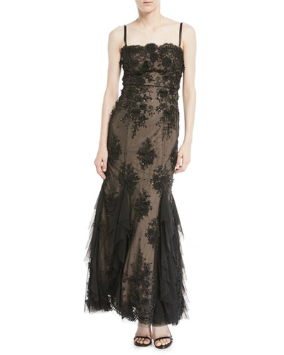 Aidan Mattox 3d Embellished Bustier Gown W/ Godet Inserts In Black
