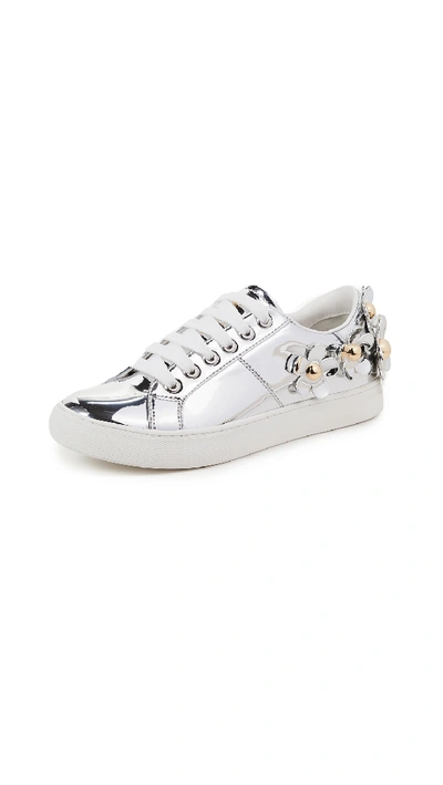 Marc Jacobs Daisy Metallic Low-top Trainers With Studded Flowers In Silver