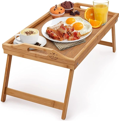 Zulay Kitchen Bamboo Breakfast In Bed Tray Table With Folding Legs And Handles In Brown