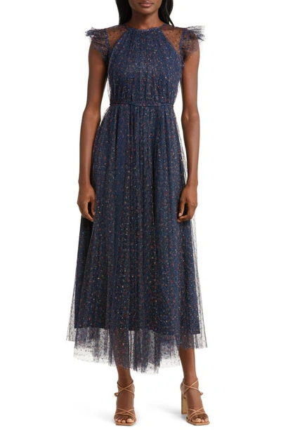 Melloday Floral Ruffle Mesh Overlay Maxi Dress In Navy Multi