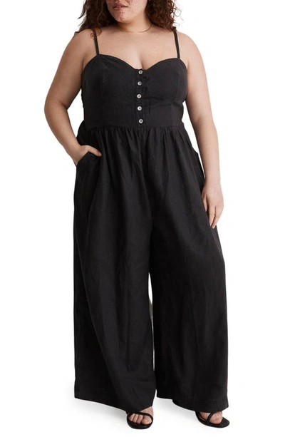 Madewell Sleeveless Wide Leg Linen Jumpsuit In Black Coal