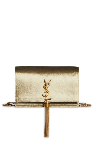 Saint Laurent Kate Tassel Velvet Wallet On A Chain In Pale Olive