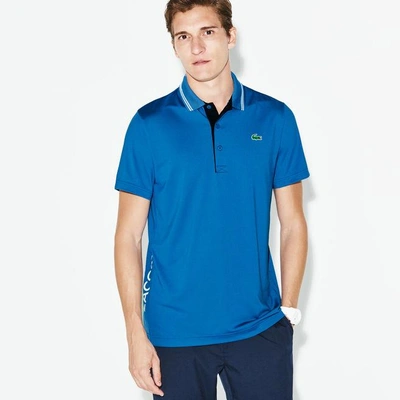 Lacoste Men's Sport Lettering Stretch Technical Jersey Golf Polo Shirt In Blue / Navy Blue / White