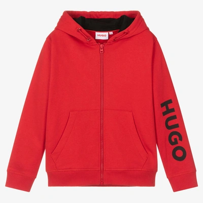 Hugo Kids'  Boys Red Cotton Logo Zip-up Hoodie