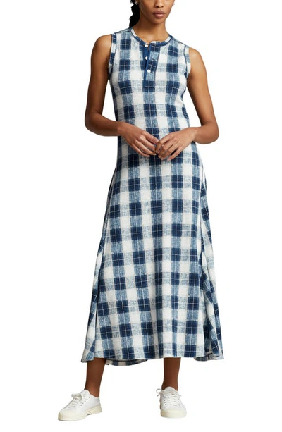 Polo Ralph Lauren Plaid Sleeveless Pleated Cotton Knit Dress In Navy Plaid