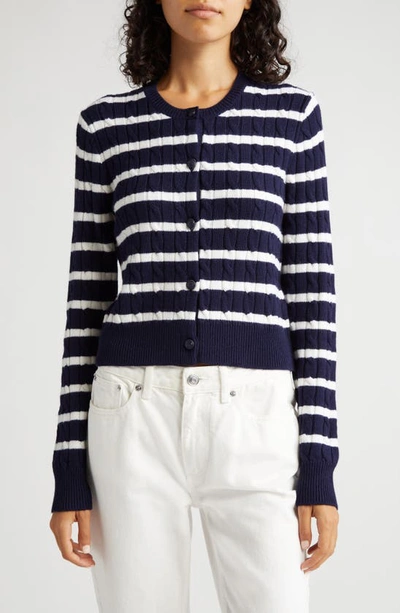 Polo Ralph Lauren Stripe Merino Wool Blend Cardigan In Hunter Navy/ Cream
