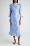 Zimmermann Matchmaker Appliquéd Crystal-embellished Linen And Silk-blend Midi Dress In Blue