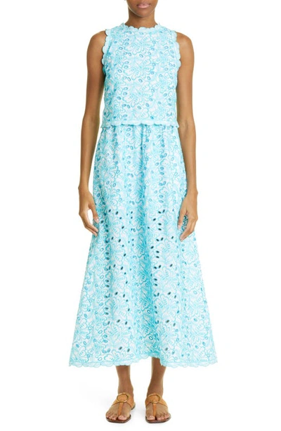 Loretta Caponi Fausta Embroidered Maxi Dress In Turquoise Fantasy