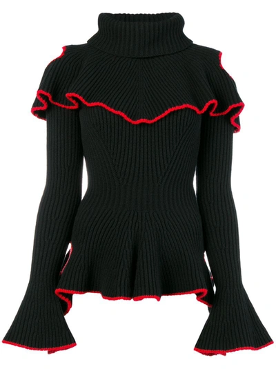 Alexander Mcqueen Ruffled Ribbed Wool And Cashmere-blend Sweater In Black/red