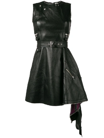 Alexander Mcqueen Asymmetric Textured-leather Mini Dress In Black/night Shade