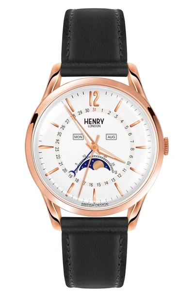 Henry London Richmond Leather Strap Watch, 39mm In Black/ White/ Rose Gold