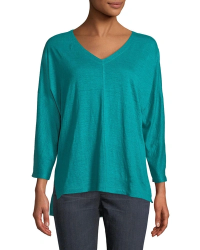 Eileen Fisher Linen Jersey V-neck Top, Petite In Turquoise